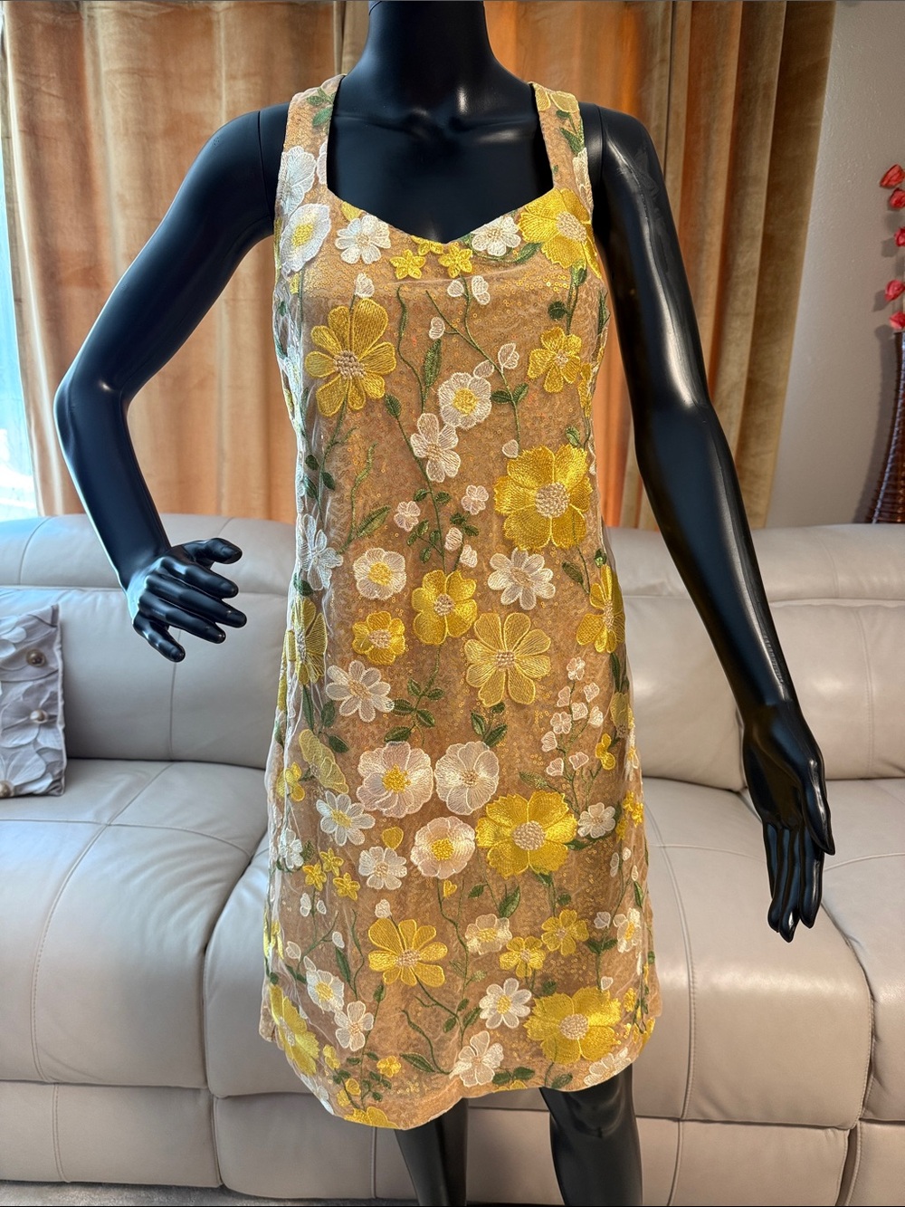 Boston Proper Yellow & White Floral Embroidered Midi Dress on Tan